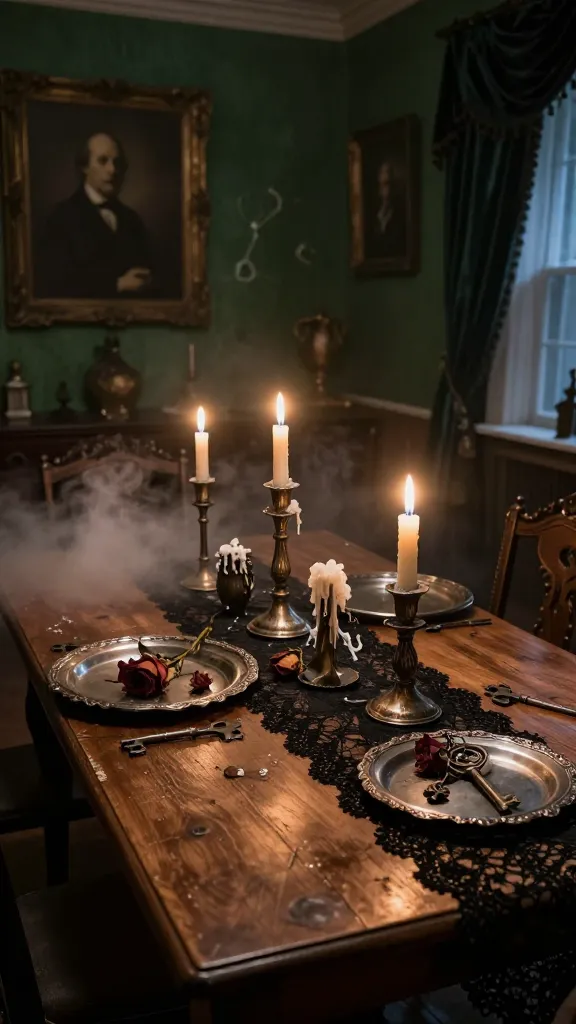 Haunted Manor tablescape: a dimly lit Victorian dining room with flickering candlelight, tattered black lace runner over a scratched wooden table, mismatched thrifted metal candlesticks with wax drips, tarnished silver trays holding dried roses and antique keys, fog curling at floor level, cracked portrait paintings on dark green walls, subtle moonlight through heavy velvet curtains, no text, cinematic, high detail