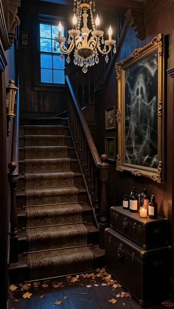 Haunted Manor entryway: creaky staircase with faded patterned runner, dusty chandelier with a few missing crystals casting warm pools of light, leaning gilt mirror with a ghostly smudge, old travel trunk topped with apothecary bottles and handwritten labels, cobwebbed picture frames, scattered fallen leaves on the floor, cool-blue window light mixing with candle amber, moody and elegant