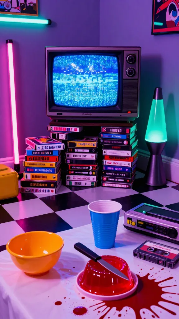 Retro Slasher snack bar: neon-lit living room corner with a 1980s CRT TV glowing blue static, VHS tapes stacked haphazardly, checkerboard floor, lava lamp and pink/teal neon tubes, plastic cups and bowls in bold primary colors, faux blood splatters across a white tablecloth, rubber knife stuck in a red gelatin mold, tape deck and cassette tapes nearby, energetic composition, saturated colors