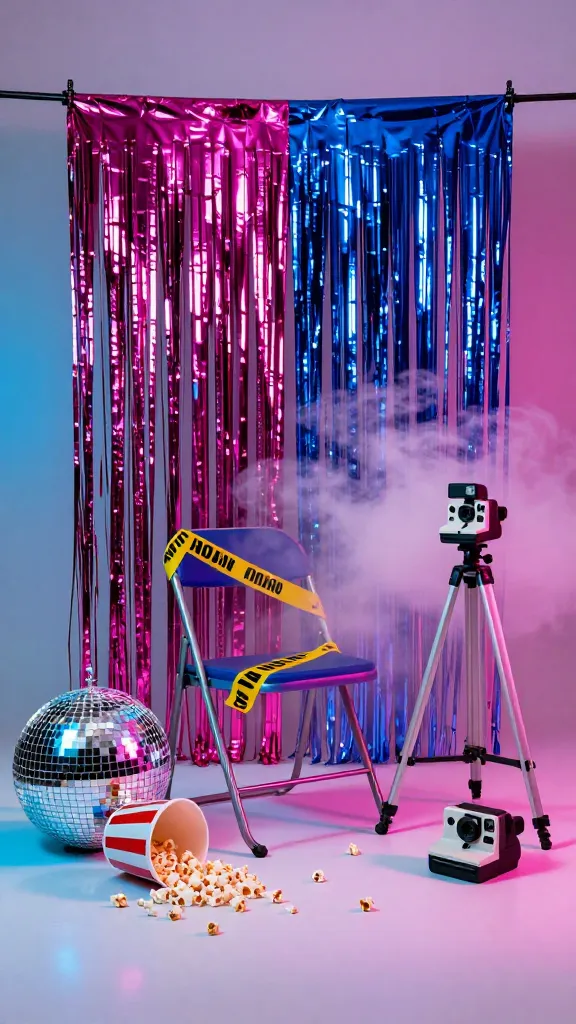 Retro Slasher photo backdrop: metallic tinsel curtain in magenta and electric blue, fog machine haze, cheap folding chair with crime-scene tape draped over it, glittery disco ball reflections, polaroid camera on a tripod, scattered popcorn and a toppled striped bucket, bold colored gels (cyan and magenta) creating dramatic shadows, clean space for people to stand, no text