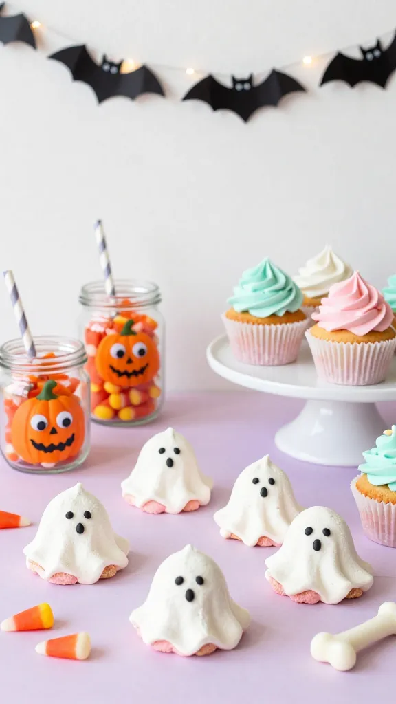 Cute ’n’ Creepy dessert spread: pastel pink and lavender table with ghost-shaped meringues, candy corn in glass jars, tiny pumpkins painted mint and blush with googly eyes, smiling bat garlands overhead, soft fairy lights, striped paper straws, frosted cupcakes with tiny candy bones, white ceramic cake stand, bright and cheerful lighting, shallow depth of field