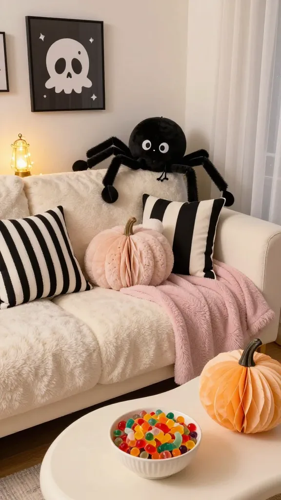 Cute ’n’ Creepy cozy corner: plush sofa with pastel throw blankets and black-and-white striped pillows, oversized plush spider perched on the back, framed kawaii-style skull and ghost art, bowl of multicolored gummy worms on a coffee table, paper honeycomb pumpkins in soft hues, warm lamplight with twinkle lights, playful but tidy composition