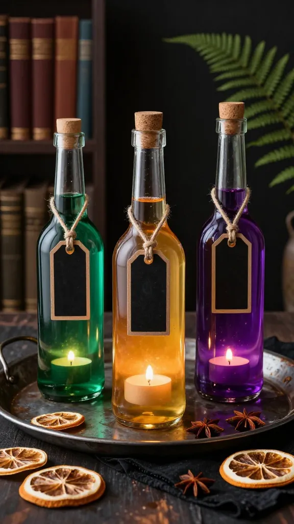 Budget DIY potion bar: thrifted glass bottles of varying shapes filled with tinted water (emerald, amber, violet), tea lights behind them creating glowing gradients, chalkboard-style label tags hanging with twine, metal tray with tarnish and patina, scattered dried citrus slices and star anise, black cheesecloth draped beneath, background of dark book spines and a single fern frond, moody yet inviting
