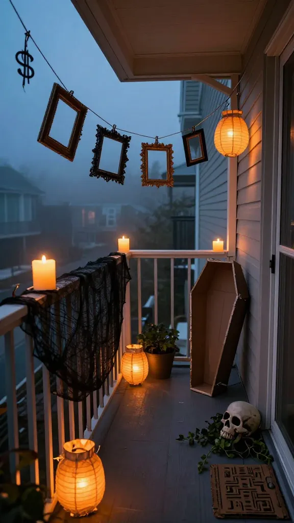 Outdoor spooky walkway: small apartment balcony or porch with dollar-store LED candles lining the edge, paper bag lanterns, black cheesecloth draped over railing, thrifted frames hanging from fishing line, a DIY cardboard coffin lid leaning against the wall, dollar-store skulls peeking from a planter with ivy, cool night sky with a hint of fog, warm-to-cool contrast lighting, no text