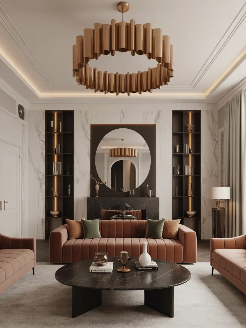 11. Art Deco Living Room With Geometric Gold Chandelier 11. Art Deco Living Room With Geometric Gold Chandelier