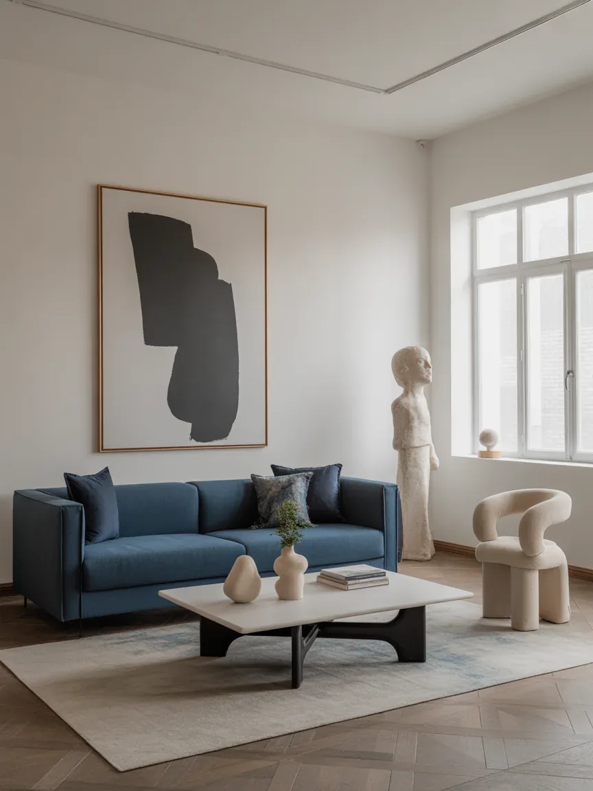 20. Art Gallery Living Room With Blue Centerpiece 20. Art Gallery Living Room With Blue Centerpiece