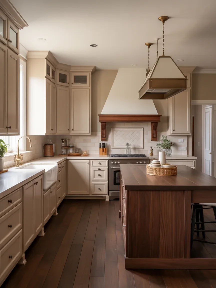 17. Beige Kitchen With Dark Wood Contrast 17. Beige Kitchen With Dark Wood Contrast