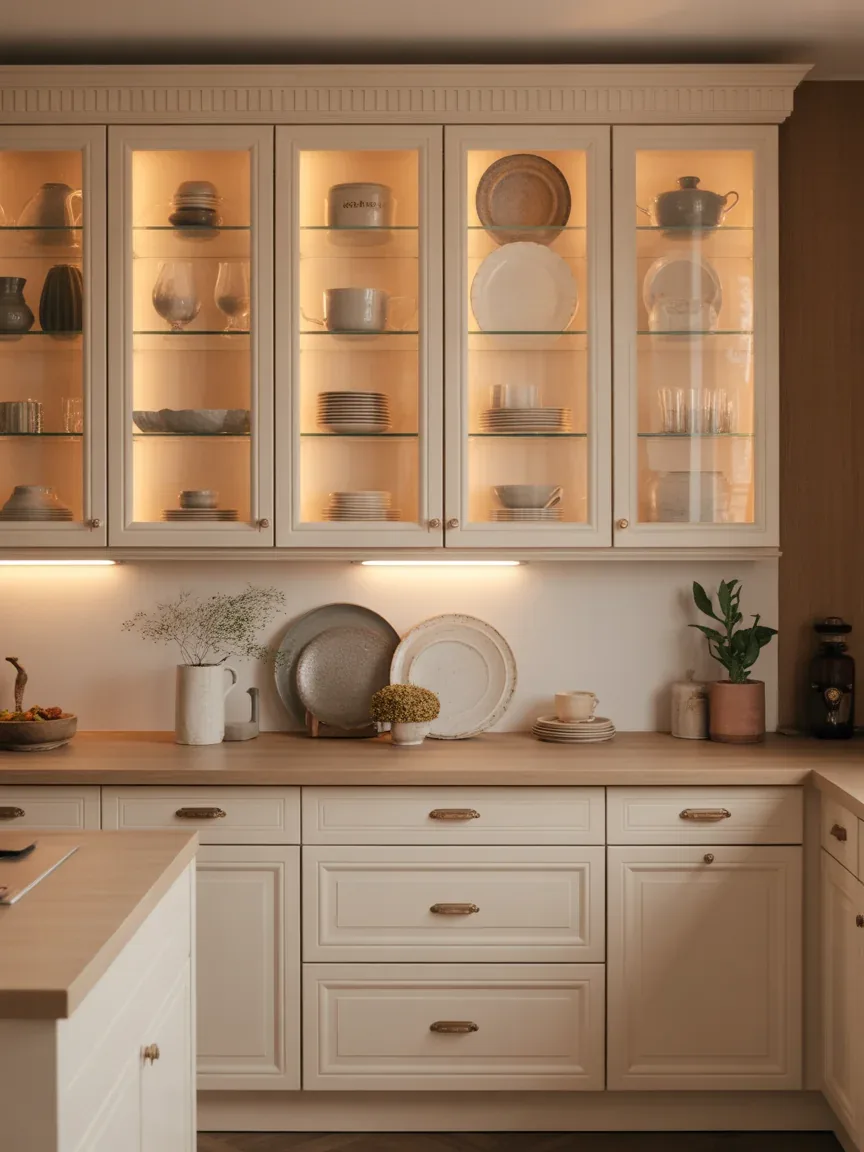 13. Beige Kitchen With Glass-Front Cabinets 13. Beige Kitchen With Glass-Front Cabinets