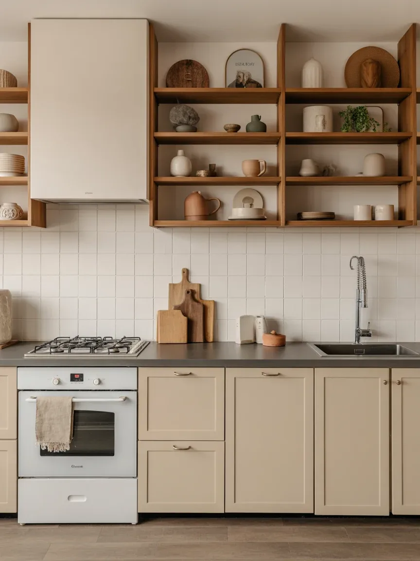 15. Beige Kitchen With Open Shelving Mix 15. Beige Kitchen With Open Shelving Mix