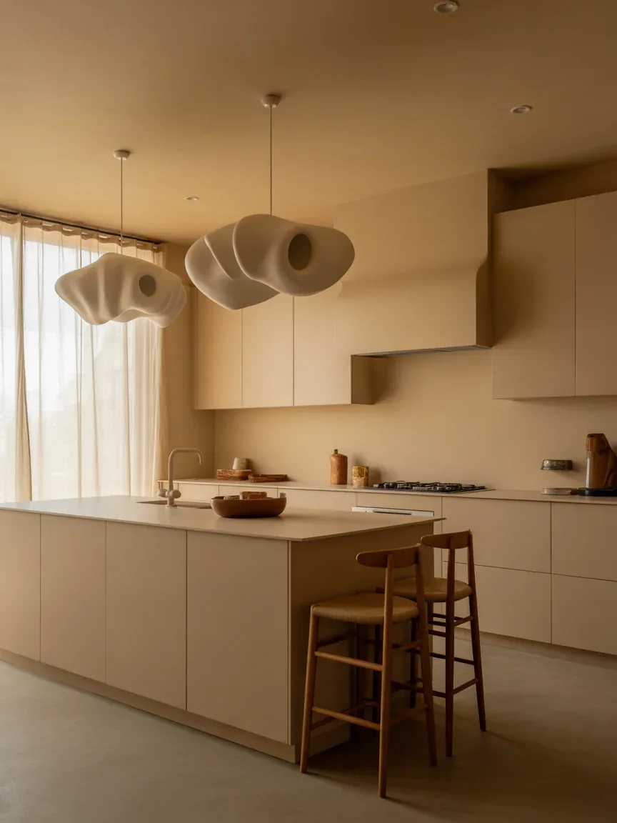 10. Beige Kitchen With Statement Lighting 10. Beige Kitchen With Statement Lighting