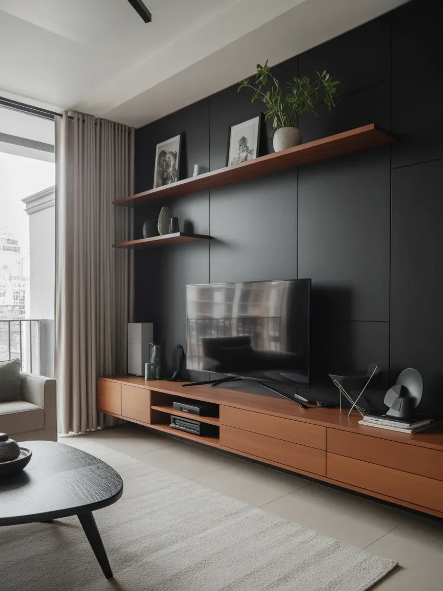 16. Black Accent Wall With Floating Shelves 16. Black Accent Wall With Floating Shelves