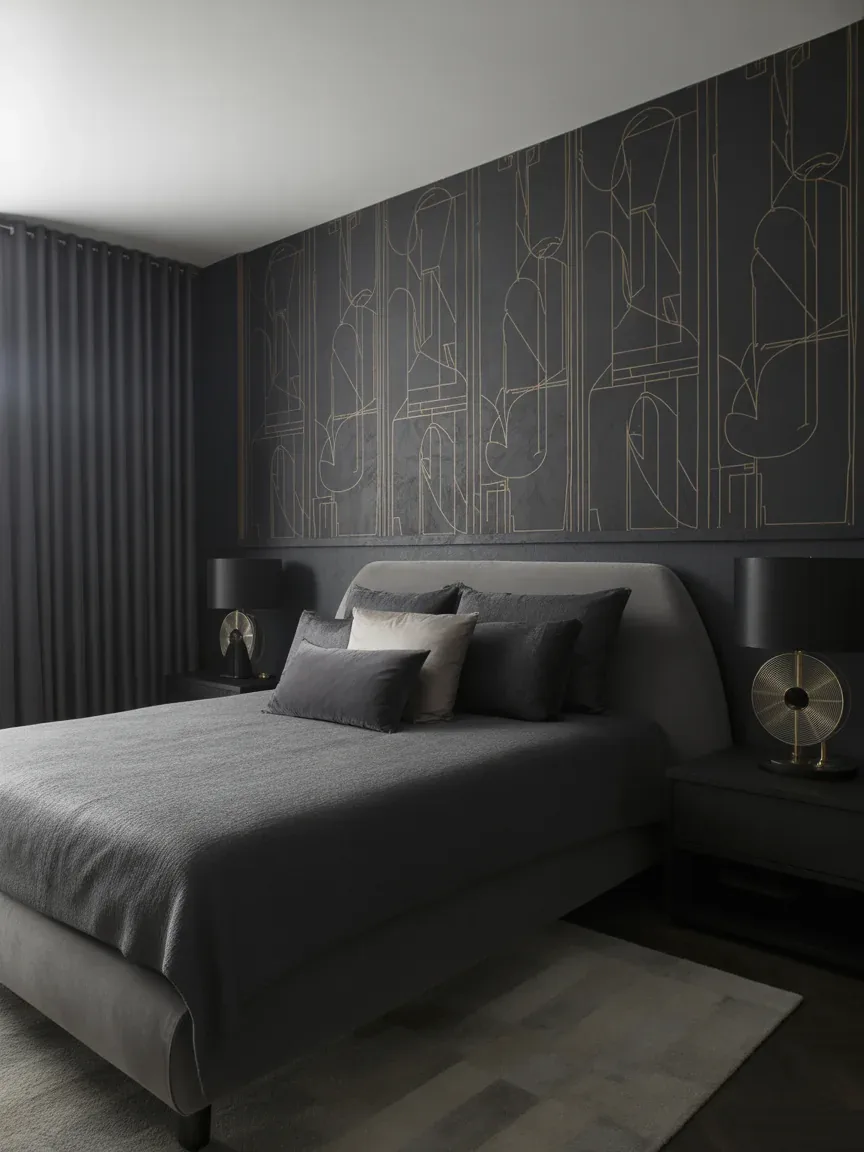 19. Black Accent Wall With Gold Line Art 19. Black Accent Wall With Gold Line Art
