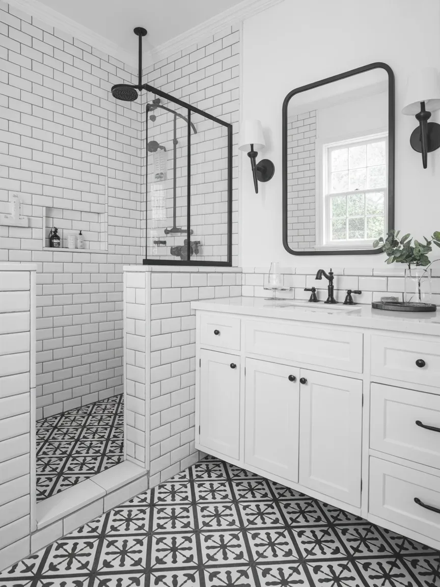 6. Black and White Farmhouse With Graphic Tile Floors 6. Black and White Farmhouse With Graphic Tile Floors