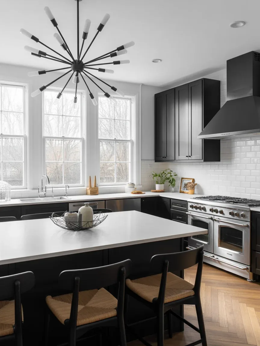 13. Black and White Kitchen With Sputnik Chandelier 13. Black and White Kitchen With Sputnik Chandelier