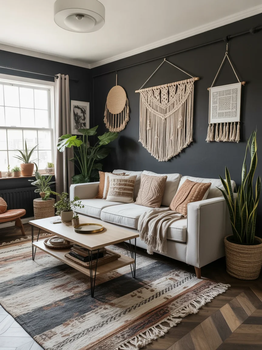 9. Black Boho Chic Living Room