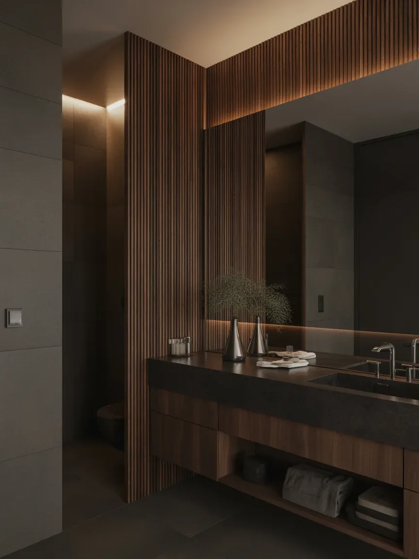 16. Black Wood Slat Accent Bathroom 16. Black Wood Slat Accent Bathroom