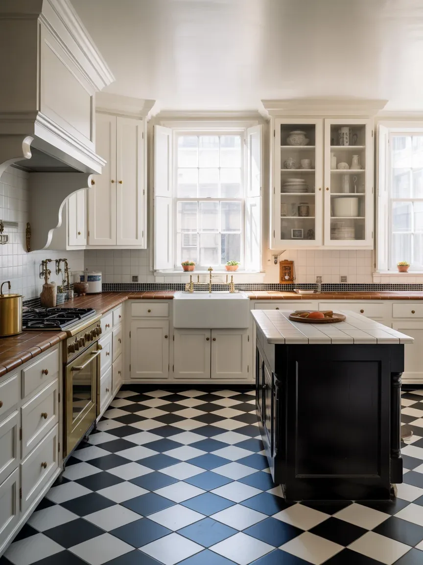 9. Black-and-White Colonial Kitchen With Checkerboard Floors 9. Black-and-White Colonial Kitchen With Checkerboard Floors