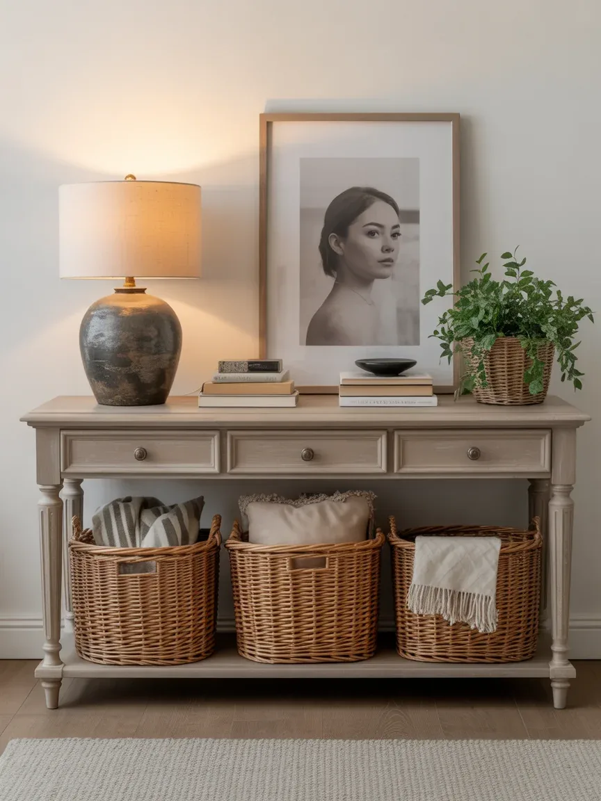 18. Blanket Basket Under Console Table 18. Blanket Basket Under Console Table
