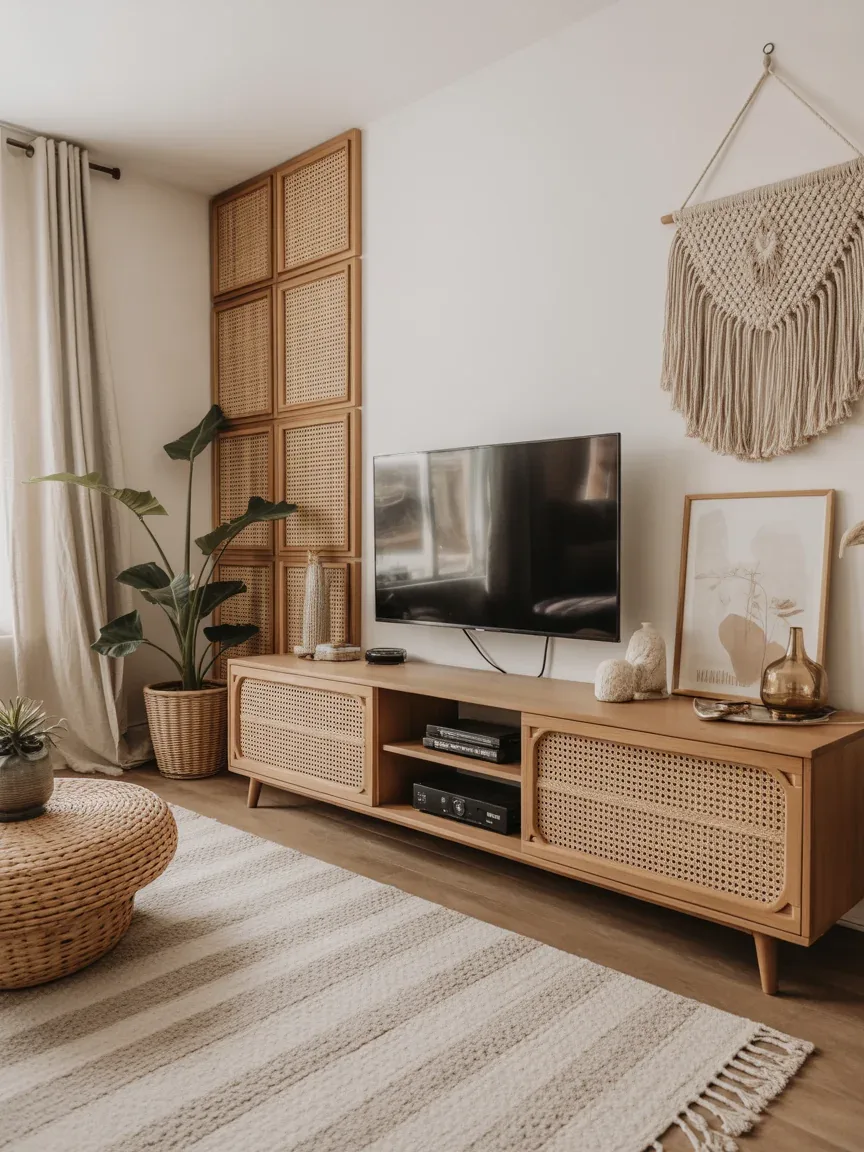 9. Boho Chic Textured Media Wall 9. Boho Chic Textured Media Wall