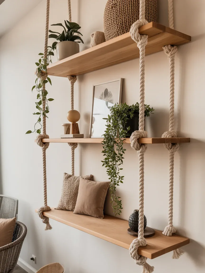 11. Boho Hanging Rope Shelves 11. Boho Hanging Rope Shelves