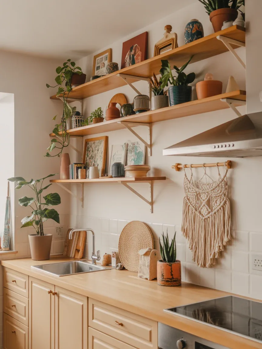 8. Boho Kitchen With Layered Floating Shelf Styling 8. Boho Kitchen With Layered Floating Shelf Styling