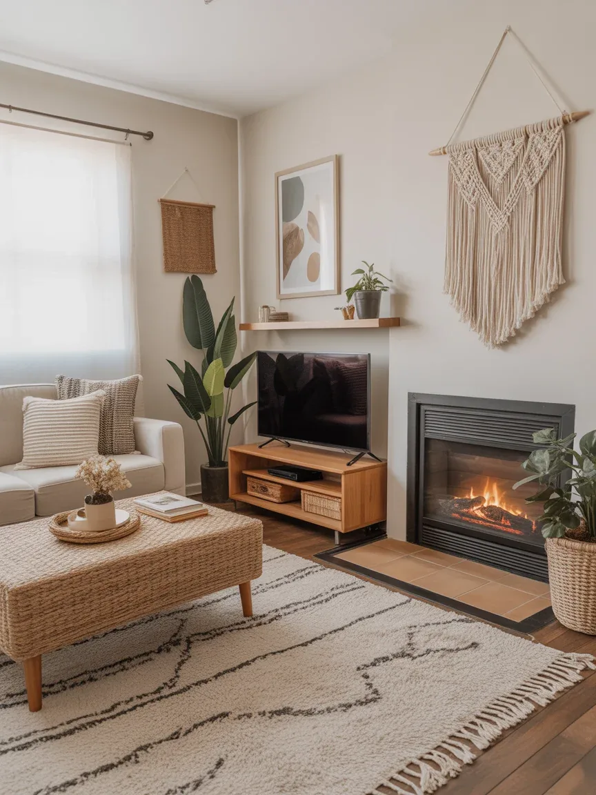 16. Boho Layered Look With Fireplace Focus 16. Boho Layered Look With Fireplace Focus