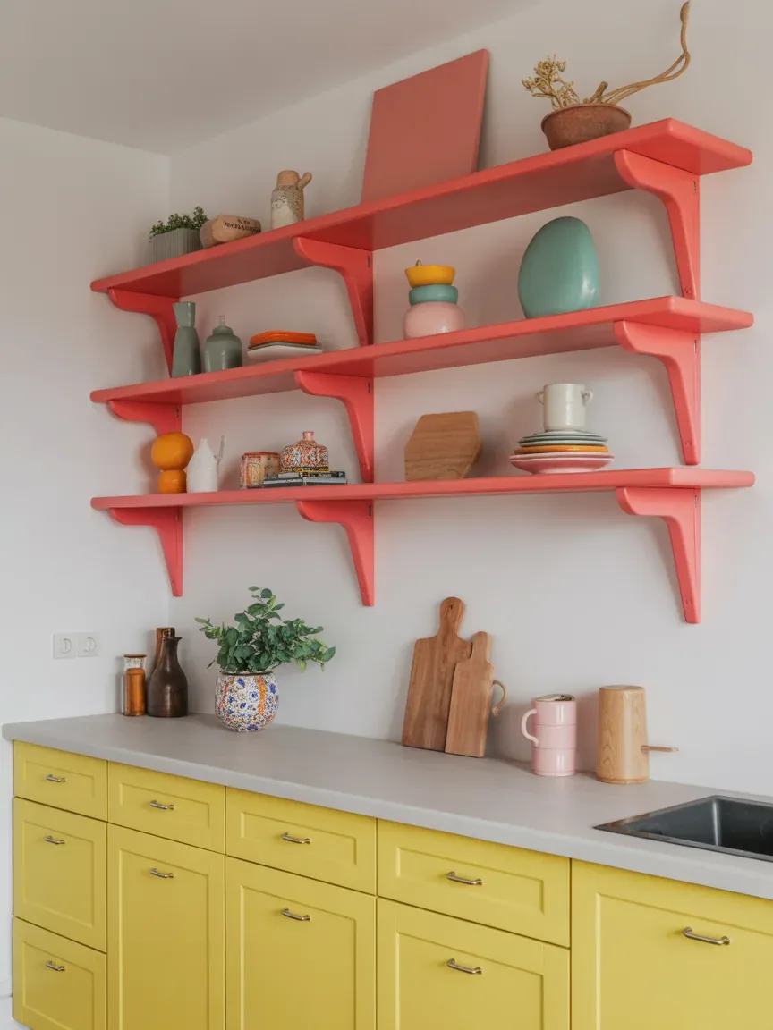 17. Bold Color Kitchen With Painted Floating Shelves 17. Bold Color Kitchen With Painted Floating Shelves
