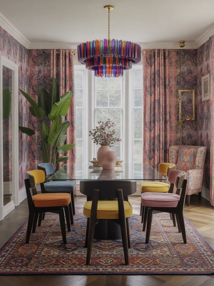 15. Bold Maximalist Dining Room With Colorful Chandelier 15. Bold Maximalist Dining Room With Colorful Chandelier