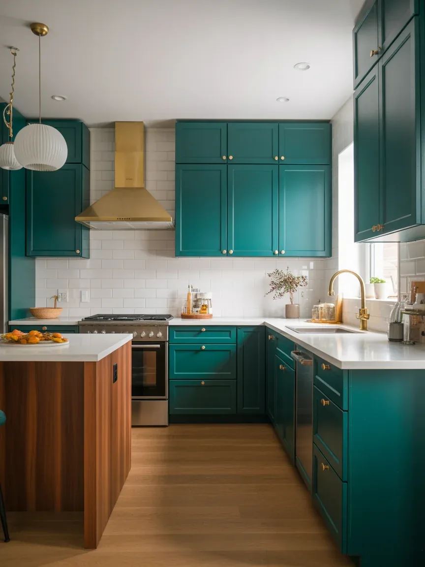 4. Bold Teal Cabinets With Wood Contrast 4. Bold Teal Cabinets With Wood Contrast