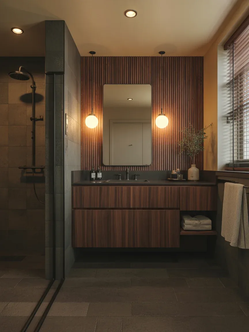 19. Boutique Hotel Ensuite With Full Wood Accent Wall 19. Boutique Hotel Ensuite With Full Wood Accent Wall