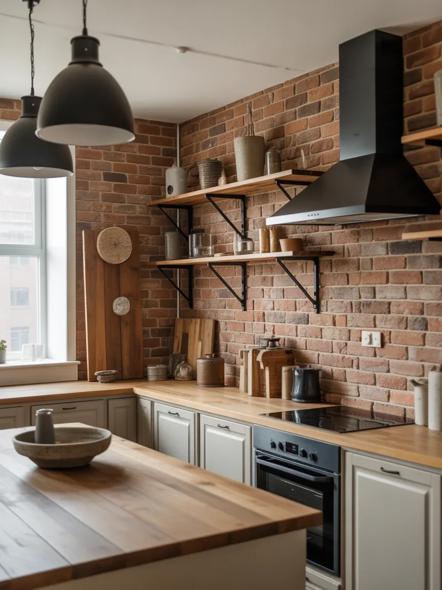 9. Brick Effect Wallpaper Rustic Farmhouse Kitchen 9. Brick Effect Wallpaper Rustic Farmhouse Kitchen