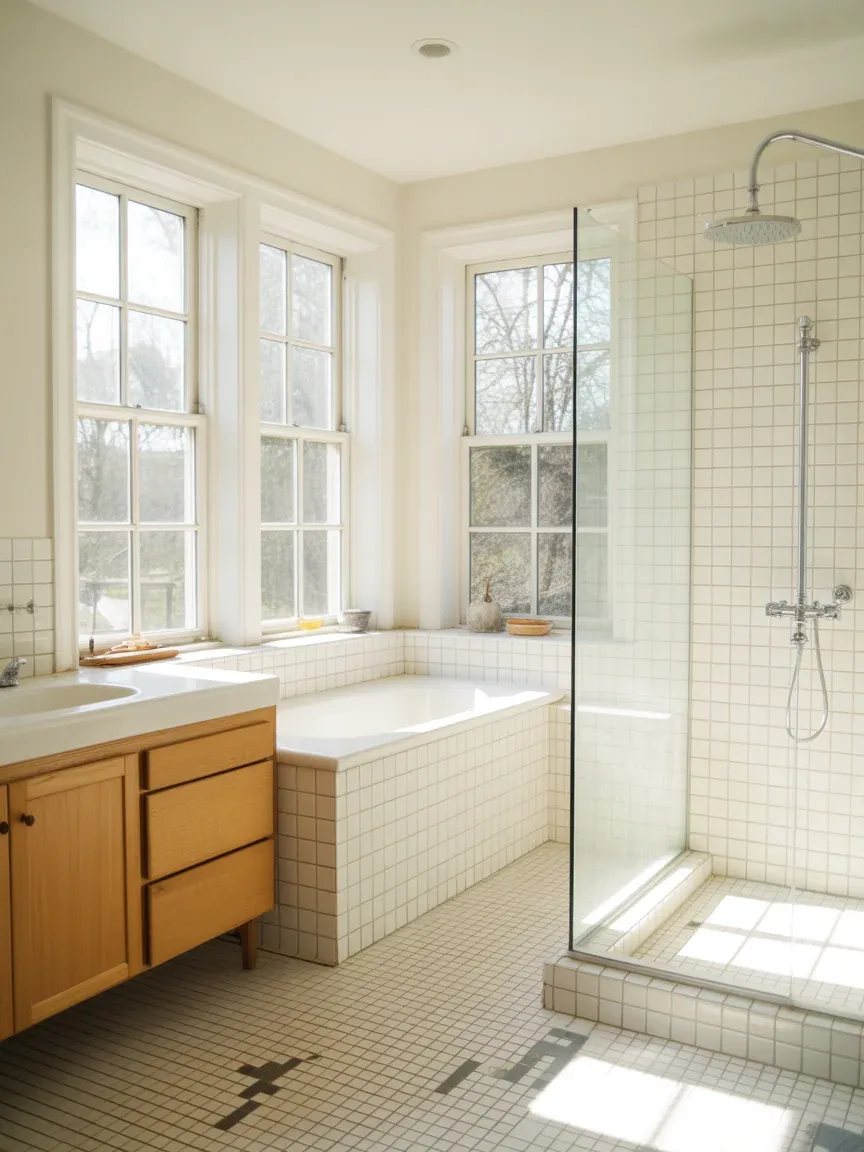 18. Bright Airy Farmhouse Bathroom With Skylight Feel 18. Bright Airy Farmhouse Bathroom With Skylight Feel