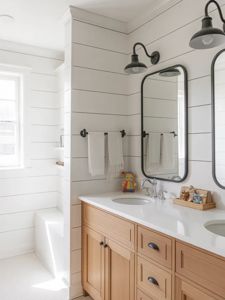 1. Bright White Farmhouse With Easy-Wipe Shiplap Walls 1. Bright White Farmhouse With Easy-Wipe Shiplap Walls
