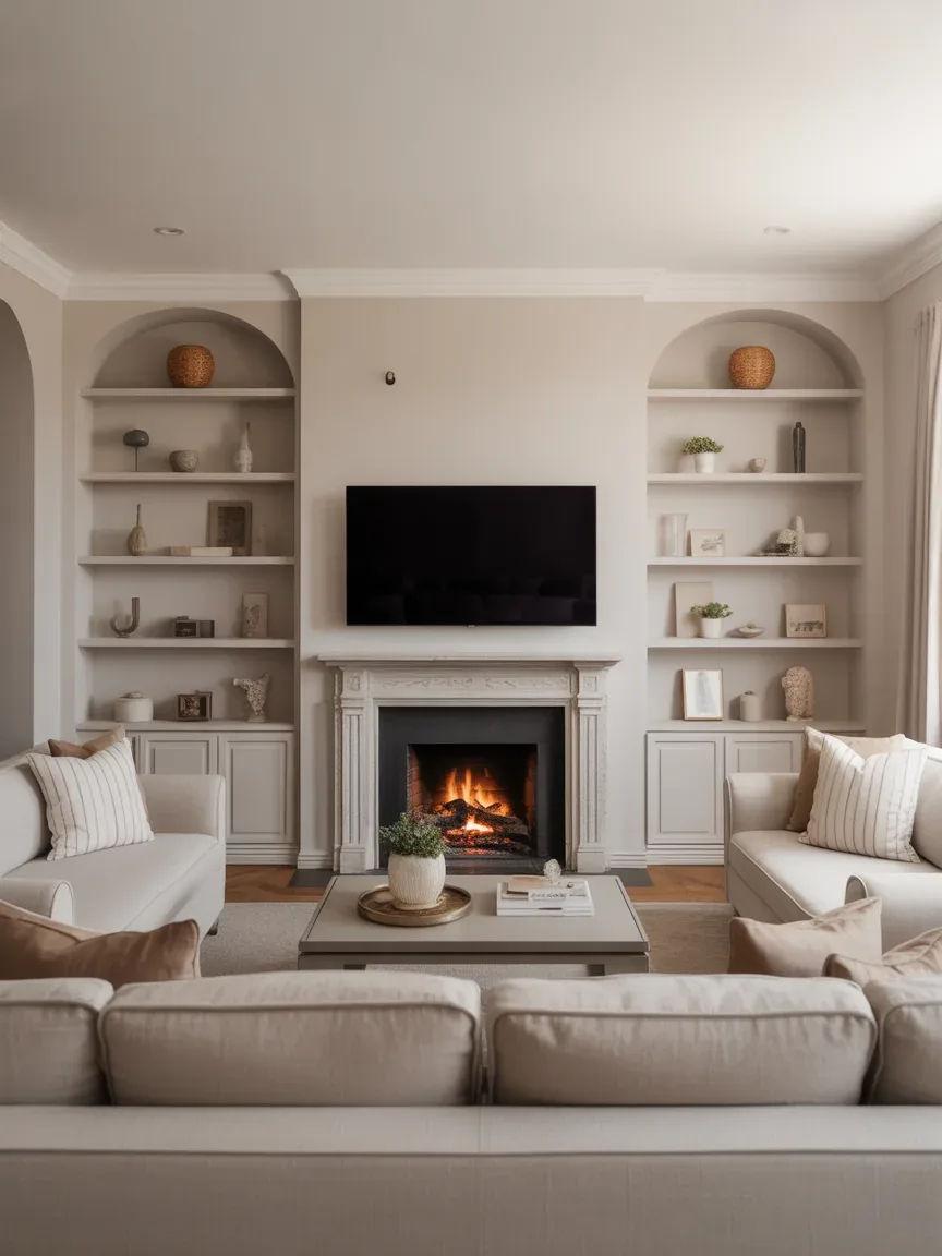 1. Centered Symmetry With Fireplace and TV Stacked 1. Centered Symmetry With Fireplace and TV Stacked