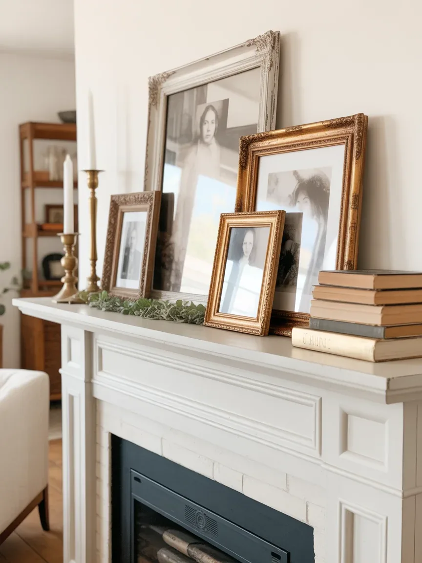 1. Classic White Farmhouse Mantel With Layered Vintage Frames 1. Classic White Farmhouse Mantel With Layered Vintage Frames