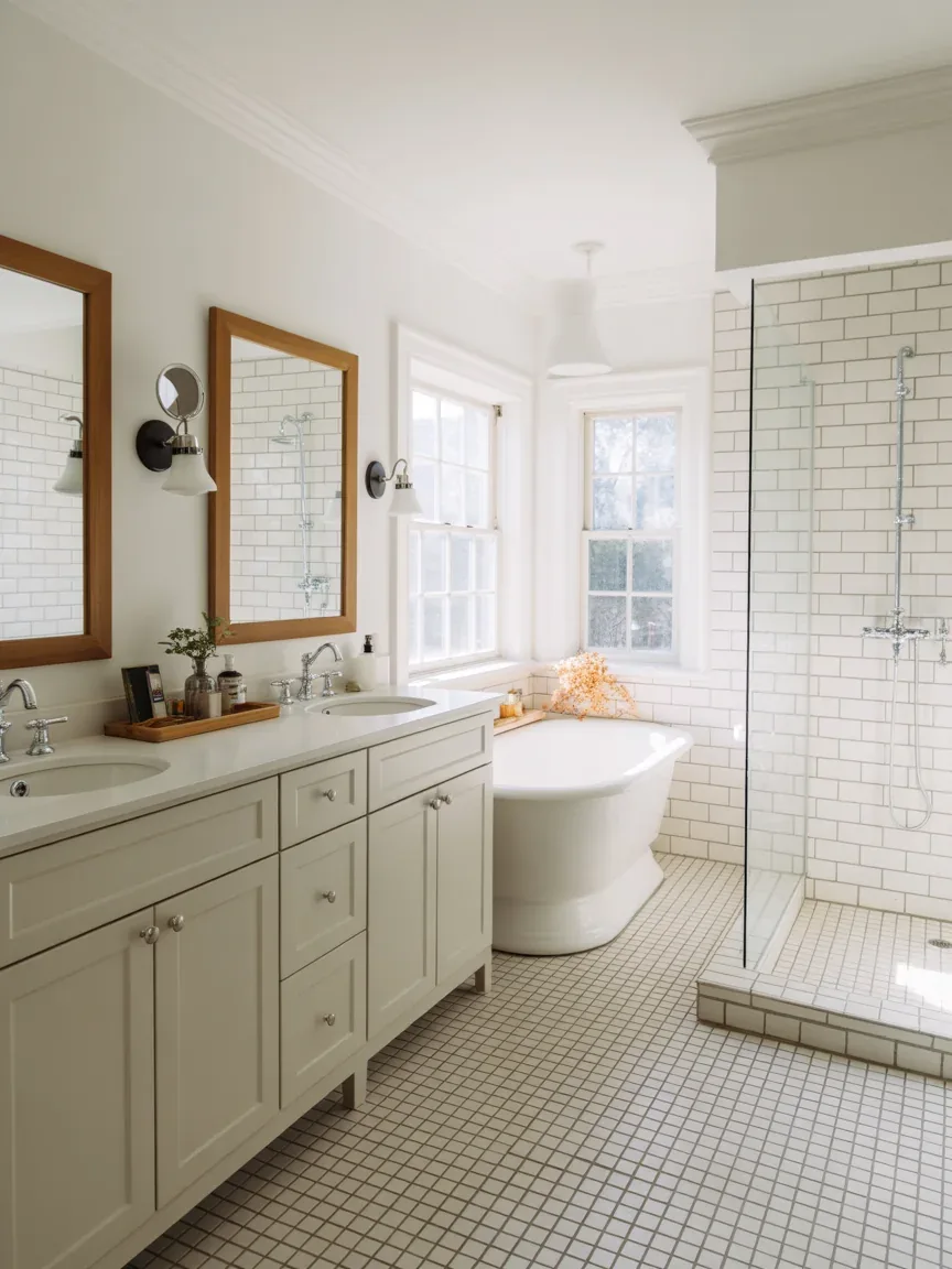 1. Classic White Farmhouse Retreat With Double Vanity Charm 1. Classic White Farmhouse Retreat With Double Vanity Charm