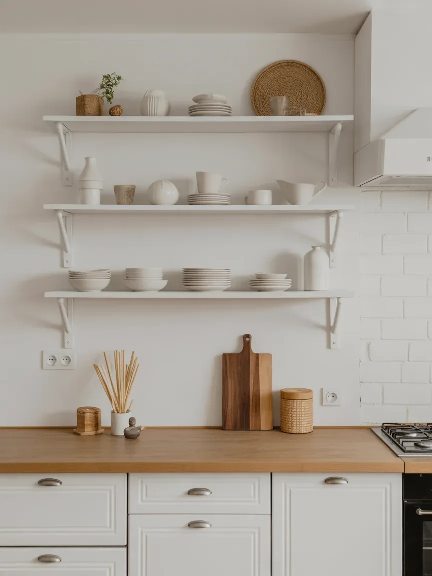 22. Classic White Kitchen With Styled Shelf Displays 22. Classic White Kitchen With Styled Shelf Displays