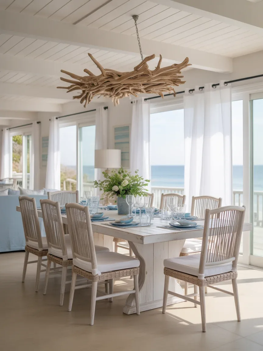 10. Coastal Dining Room With Driftwood Chandelier 10. Coastal Dining Room With Driftwood Chandelier
