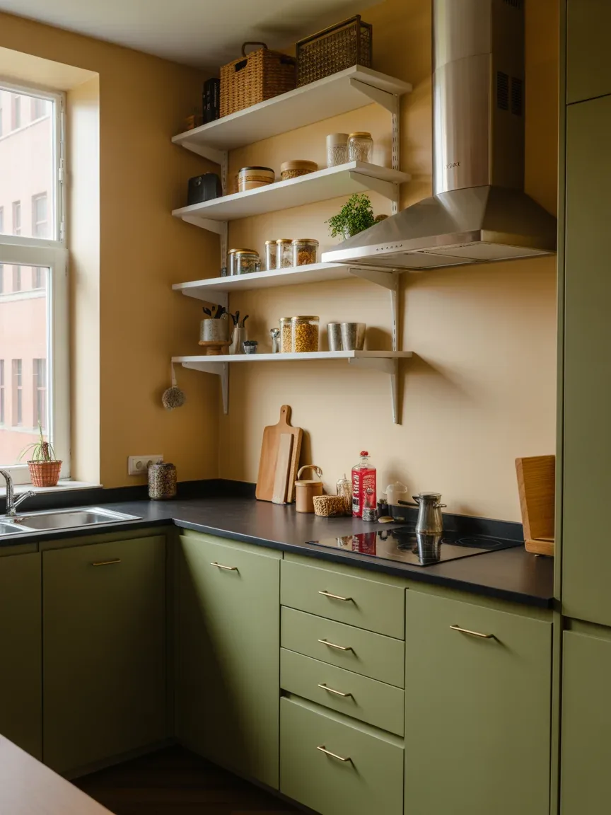 9. Compact Apartment Kitchen With Smart Shelving 9. Compact Apartment Kitchen With Smart Shelving