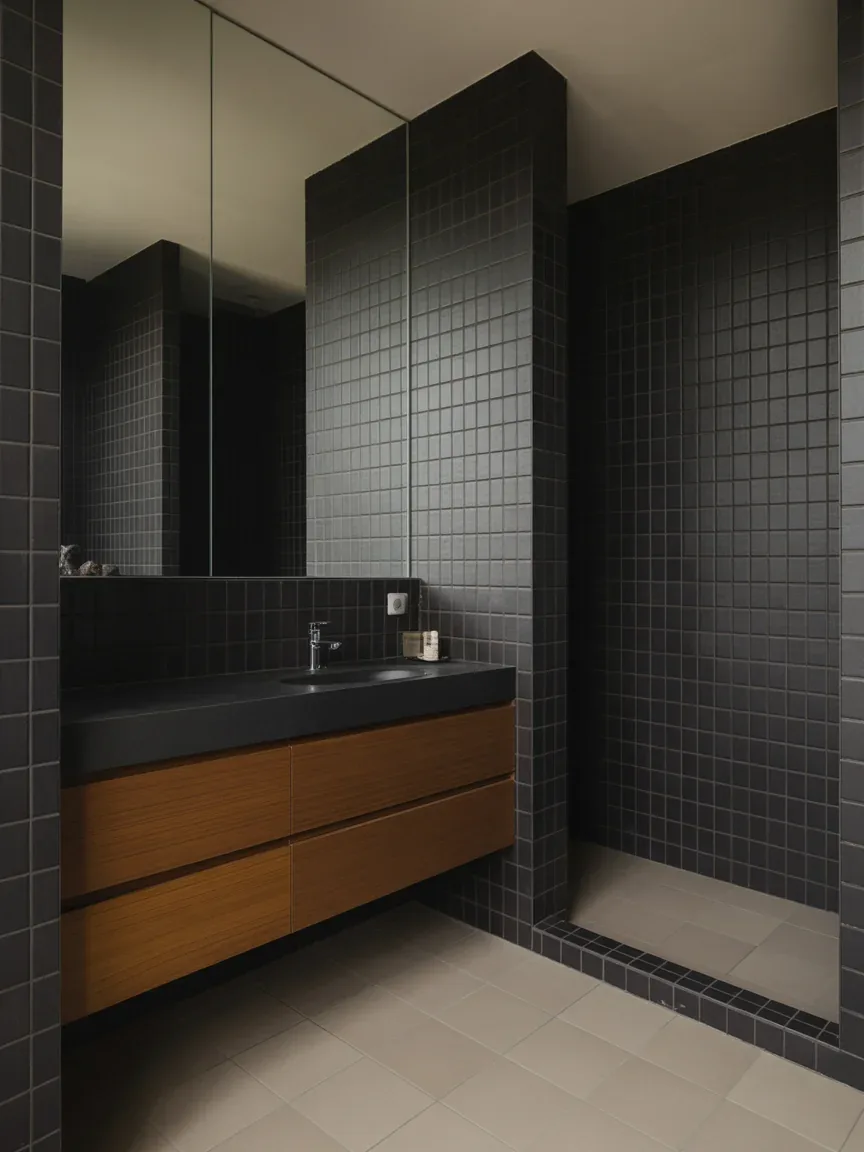 13. Compact Dark Bathroom With Smart Reflective Layers 13. Compact Dark Bathroom With Smart Reflective Layers