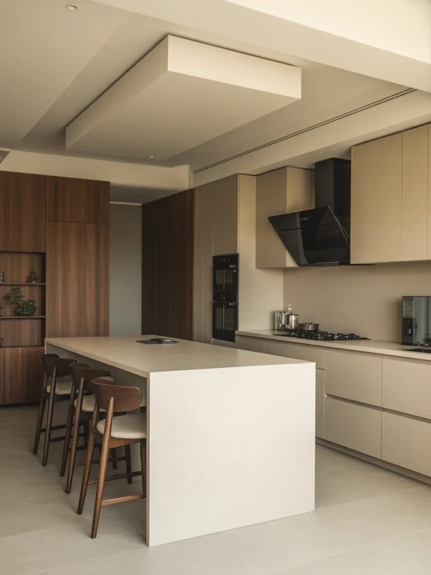 14. Contemporary Beige Kitchen With Waterfall Island 14. Contemporary Beige Kitchen With Waterfall Island