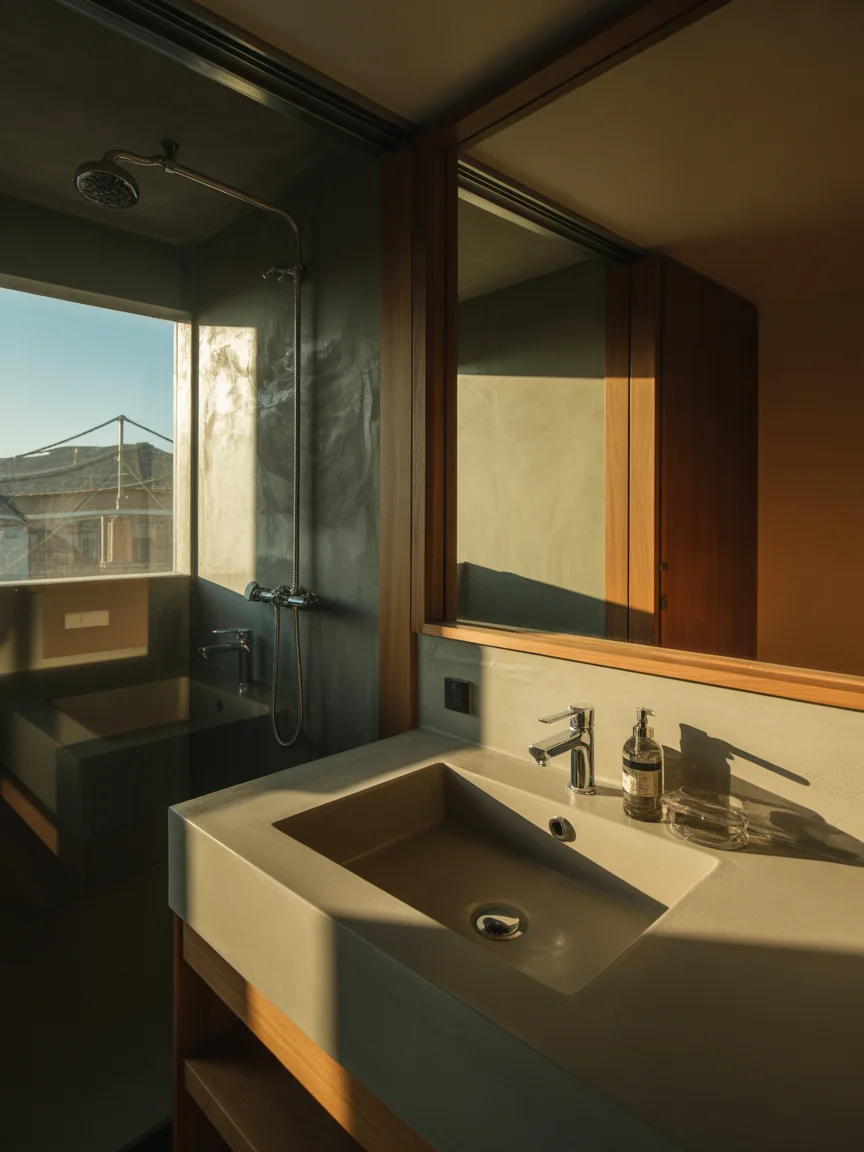 14. Contemporary Concrete Bathroom With Warm Touches