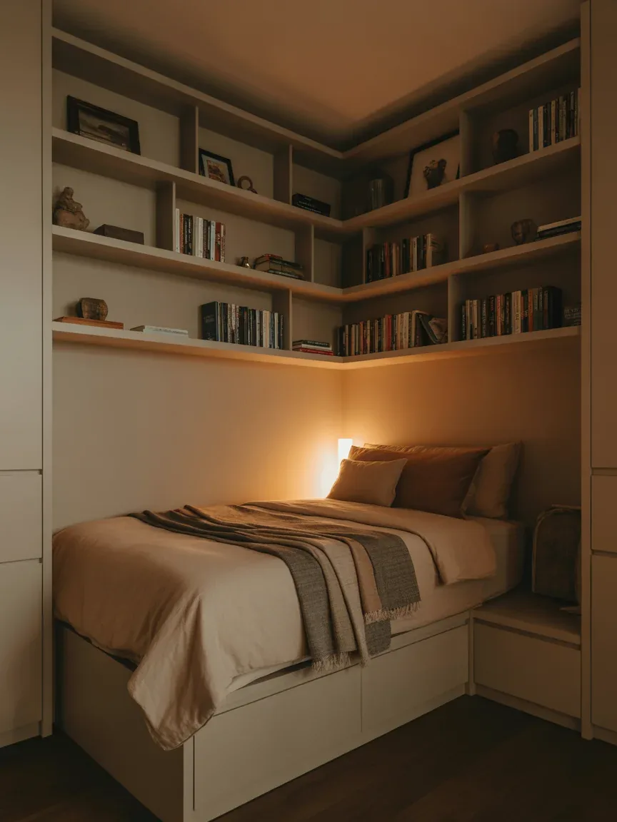 2. Corner Bed Nook With Built-In Shelves 2. Corner Bed Nook With Built-In Shelves