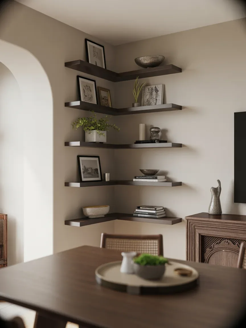 15. Corner Floating Shelves for Awkward Dining Nooks 15. Corner Floating Shelves for Awkward Dining Nooks