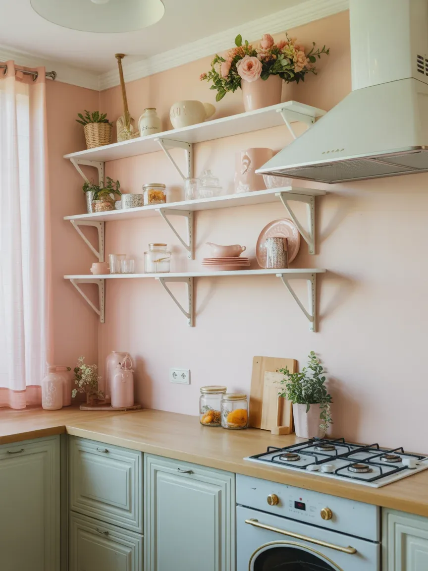 15. Cottage Kitchen With Soft Pastel Shelf Styling 15. Cottage Kitchen With Soft Pastel Shelf Styling