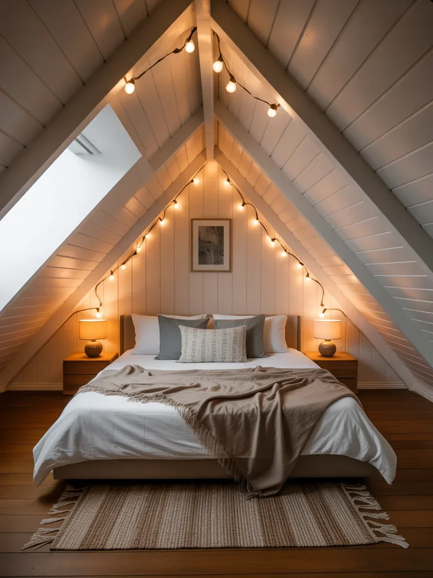 16. Cozy Attic Bedroom With Warm Lighting 16. Cozy Attic Bedroom With Warm Lighting