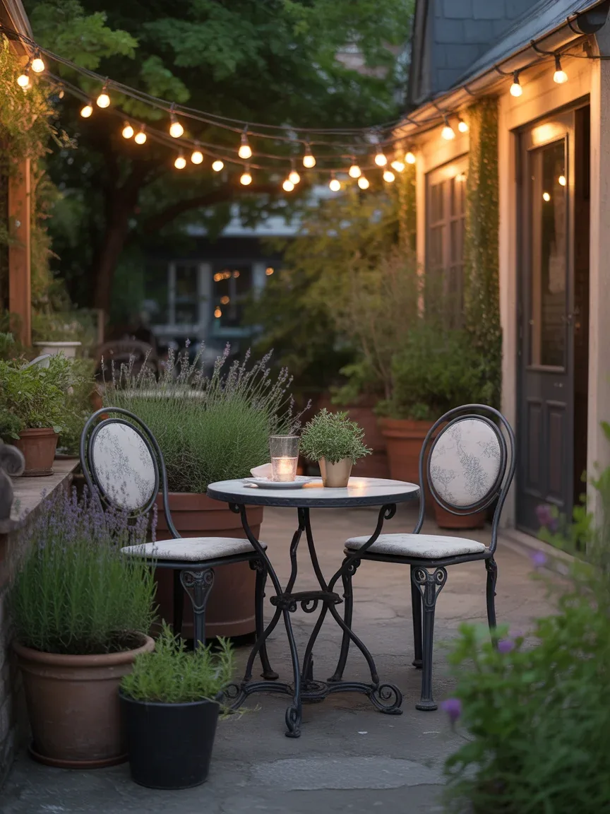 1. Cozy Bistro Corner With String Light Canopy 1. Cozy Bistro Corner With String Light Canopy