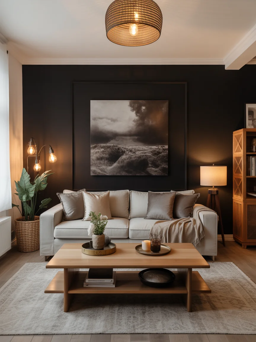 4. Cozy Black and Wood Retreat