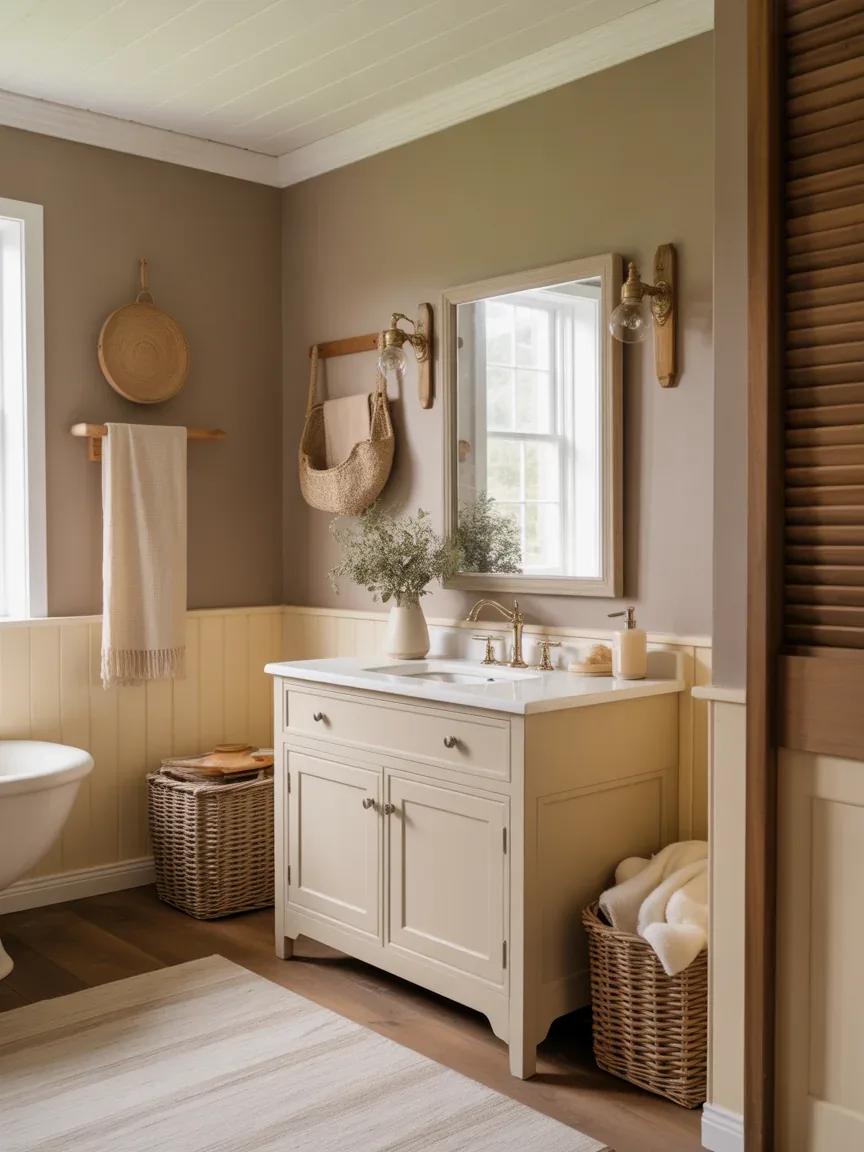 5. Cozy Cottage Farmhouse Bathroom With Soft Neutrals 5. Cozy Cottage Farmhouse Bathroom With Soft Neutrals