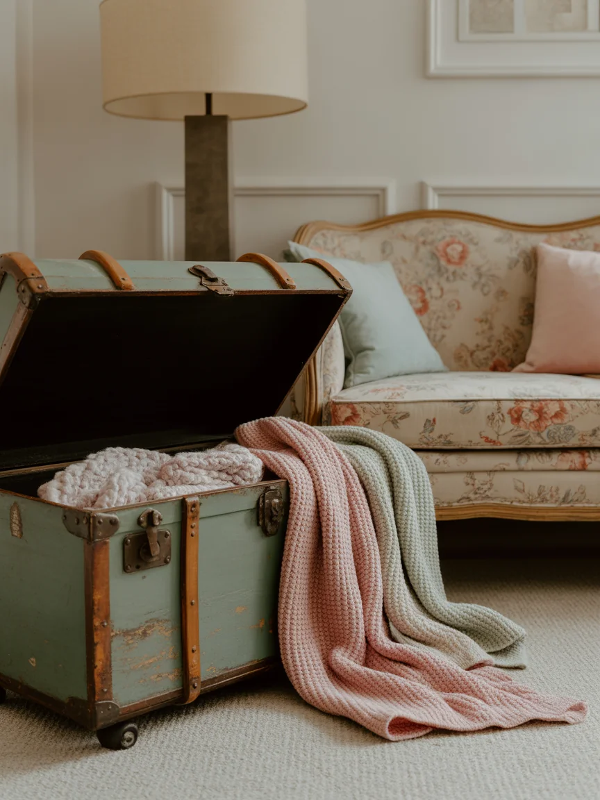 2. Cozy Cottagecore With Vintage Trunk Storage